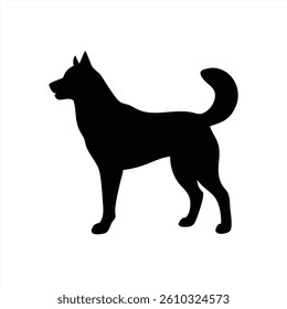 A vector illustration shows a black silhouette of a dog in profile, standing on a plain white background. The dogs posture conveys alertness and confidence, highlighting its features.