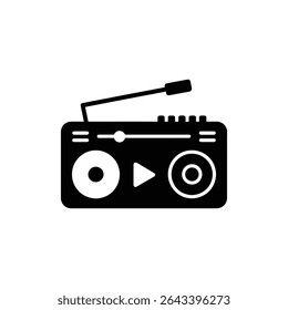 A ilustração vetorial mostra um ícone de rádio preto-e-branco com uma antena retrátil, botões, controle deslizante, símbolo de reprodução e contorno de alto-falante sobre um plano de fundo branco limpo.