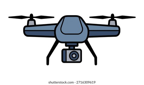 Die Vektorgrafik zeigt eine blaue Quadcopter-Drohne mit Propellern und einer auf weißem Hintergrund montierten Kamera, die moderne Lufttechnik und ferngesteuerte Geräte darstellt.