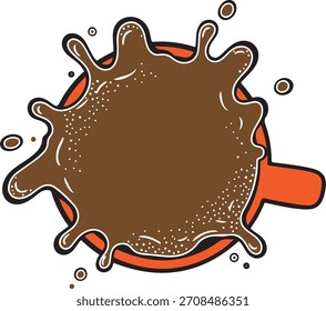 Una Ilustración vectorial muestra un líquido marrón salpicando de una taza naranja con contornos negros y puntos blancos.