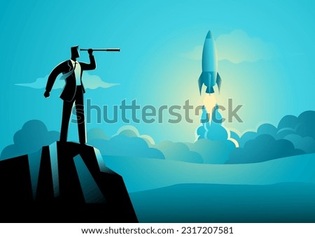 Vector illustration shows a businessman looking through a telescope seeing a rocket launch from a distance, concept for start-up business, new product on a market