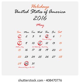 Vector illustration. Illustration shows a Calendar Holidays United States of America. May 2016
