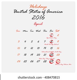 Vector illustration. Illustration shows a Calendar Holidays United States of America. April 2016
