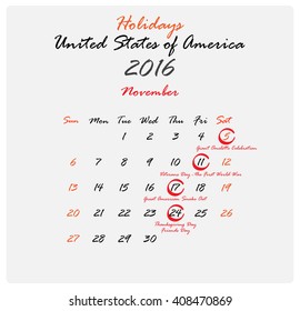 Vector illustration. Illustration shows a Calendar Holidays United States of America. November 2016