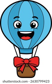 Vector illustration shows a cheerful hot air balloon with a smiling face and red bow tie in cartoon style, creating a fun and playful mood.