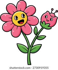 La Ilustración vectorial muestra una alegre flor rosa con una cara amarilla sonriente junto a un Pequeño brote rosa con antenas, ambos unidos a un tallo verde con hojas, sentimiento brillante y juguetón.