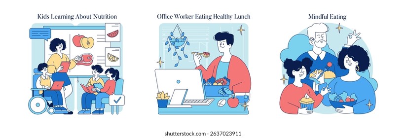 Vector illustration shows children engaged in nutrition learning, an office worker eating a healthy lunch at a desk, and a group sharing a mindful eating moment with positive emotions.