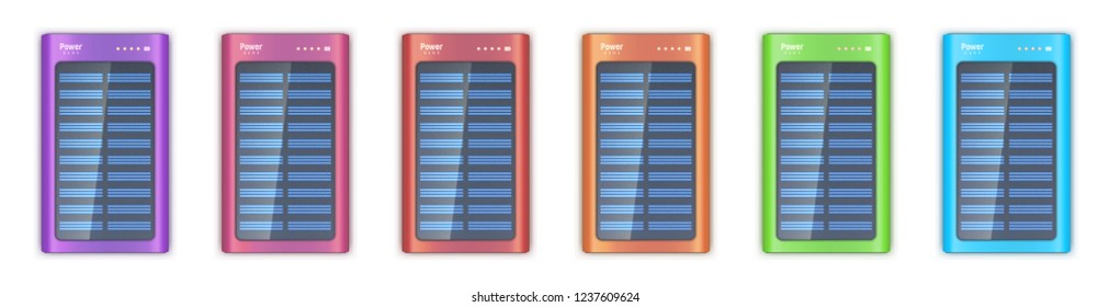 Vector illustration shows colored set of realistic powerbanks with solar cell isolated on white background. Four orange little lamps indicate about full charge.