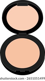 Ilustração vetorial mostra um produto de maquiagem de pó de rosto compacto em uma caixa redonda preta com um espelho, projetado para uso cosmético, estilo simples e limpo, humor neutro.