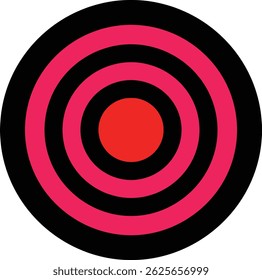 Vector illustration shows concentric circle target icon featuring red and pink rings on a black background in a simple design. The style is minimal and bold, visually striking.