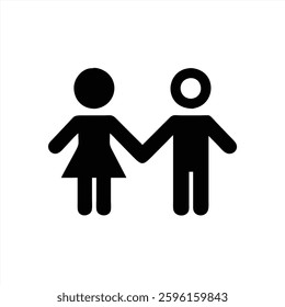 A vector illustration shows a couple holding hands, symbolizing love and unity. The figures are minimalist and presented in a bold black design against a white background.