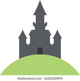Vector illustration shows a dark medieval castle silhouette positioned on a green hill with a plain white background, creating a minimalist and clean visual impression. Calm.