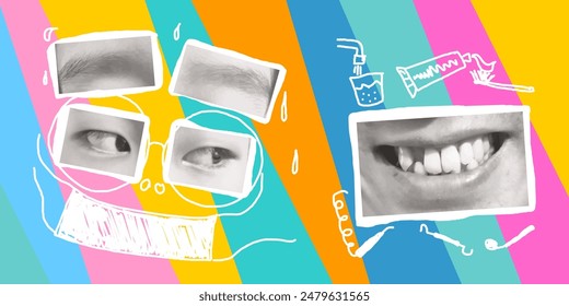 La Ilustración vectorial muestra a un dentista usando una máscara y gafas, doblado sobre los dientes de un paciente. El dentista se centra en su trabajo y los dientes del paciente están abiertos para su examen o tratamiento