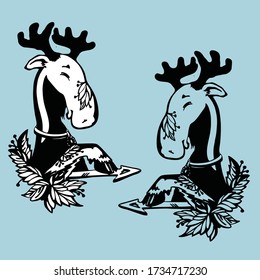 The vector illustration shows the direction. A decorative moose can be a decoration on a wall, cup, or other. 