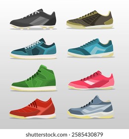 vector illustration shows eight pairs of sneakers in various colors and designs, arranged in two columns and four rows, highlighting the diversity in athletic shoe styles