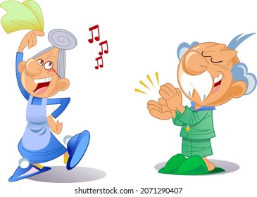 The vector illustration shows an elderly active couple in a cartoon style. Grandma dances and grandfather applauds her.