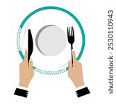 Vector illustration shows an empty plate and a hand holding a fork, spoon and knife. Person holding cutlery. Concept representing food shortage, hunger. Flat design