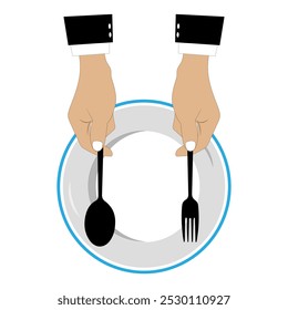 Vector illustration shows an empty plate and a hand holding a fork, spoon and knife. Person holding cutlery. Concept representing food shortage, hunger. Flat design