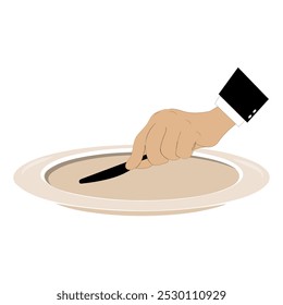 Vector illustration shows an empty plate and a hand holding a fork, spoon and knife. Person holding cutlery. Concept representing food shortage, hunger. Flat design