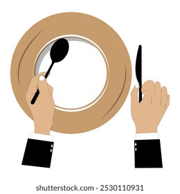 Vector illustration shows an empty plate and a hand holding a fork, spoon and knife. Person holding cutlery. Concept representing food shortage, hunger. Flat design