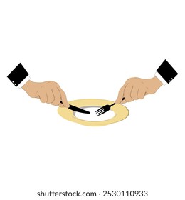 Vector illustration shows an empty plate and a hand holding a fork, spoon and knife. Person holding cutlery. Concept representing food shortage, hunger. Flat design