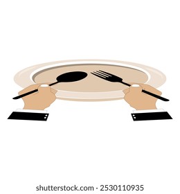 Vector illustration shows an empty plate and a hand holding a fork, spoon and knife. Person holding cutlery. Concept representing food shortage, hunger. Flat design