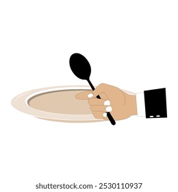 Vector illustration shows an empty plate and a hand holding a fork, spoon and knife. Person holding cutlery. Concept representing food shortage, hunger. Flat design