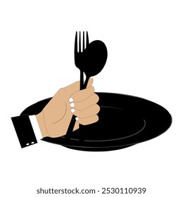 Vector illustration shows an empty plate and a hand holding a fork, spoon and knife. Person holding cutlery. Concept representing food shortage, hunger. Flat design