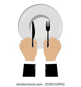 Vector illustration shows an empty plate and a hand holding a fork, spoon and knife. Person holding cutlery. Concept representing food shortage, hunger. Flat design