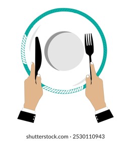 Vector illustration shows an empty plate and a hand holding a fork, spoon and knife. Person holding cutlery. Concept representing food shortage, hunger. Flat design