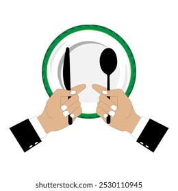 Vector illustration shows an empty plate and a hand holding a fork, spoon and knife. Person holding cutlery. Concept representing food shortage, hunger. Flat design