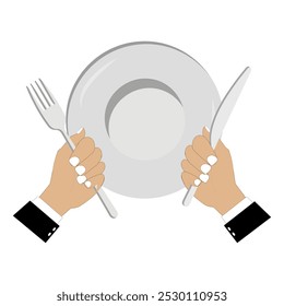 Vector illustration shows an empty plate and a hand holding a fork, spoon and knife. Person holding cutlery. Concept representing food shortage, hunger. Flat design