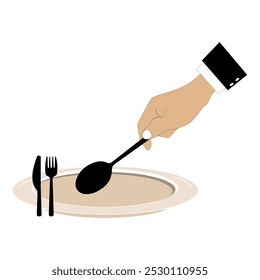 Vector illustration shows an empty plate and a hand holding a fork, spoon and knife. Person holding cutlery. Concept representing food shortage, hunger. Flat design