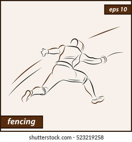 Vector illustration. Illustration shows a fencer in attack. Sport. Fencing