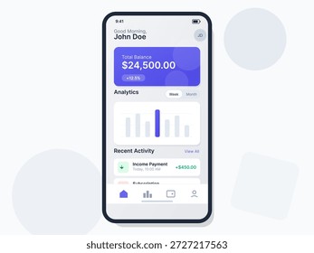 The vector illustration shows a financial app on a mobile device. The screen displays the user