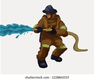 Vector illustration shows a fireman 
holding a water hose