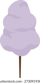 Vector illustration shows a fluffy purple cotton candy on a stick, representing a popular sweet treat often found at carnivals and fairs. Playful and colorful mood.