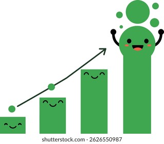 La Ilustración vectorial muestra cuatro barras ascendentes verdes con caras sonrientes y una flecha hacia arriba que indica el crecimiento del negocio y el éxito en un estilo alegre. Sentimiento optimista.