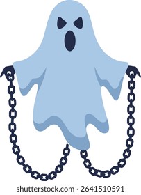 Vector illustration shows a ghost with an angry expression holding black chains, featuring blue tones in a minimalist style, conveying a spooky and eerie mood.