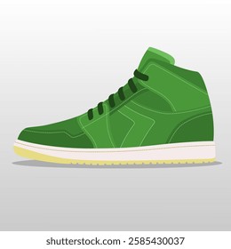 vector illustration shows a green high-top sneaker with black laces, white midsole, and a light yellow outsole, highlighting its modern and stylish design