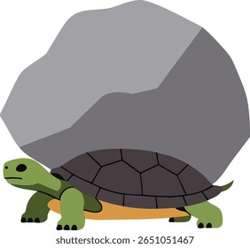 Vector illustration shows a green turtle with a dark shell carrying a large grey rock on its back, symbolizing strength and perseverance in a minimalistic style. Calm mood.