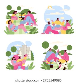 Vector illustration shows groups enjoying a sunny day at the park engaging in picnics, conversations, and taking selfies. Captures outdoor leisure activities and socializing moments.