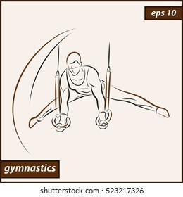 Vector illustration. Illustration shows a gymnast performing acrobatic movements on the rings. Sport. Gymnastics