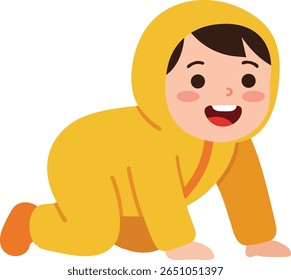 Ilustração vetorial mostra um bebê feliz rastejando em todos os quatro vestindo uma roupa amarela com sapatos laranja, expressando alegria e divertimento em um estilo bonito e amigável.