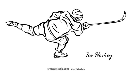 Vector illustration. Illustration shows a hockey player in attack. Ice Hockey