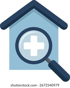 Die Vektorgrafik zeigt ein Haus mit einer Lupe, die ein medizinisches Kreuz hervorhebt und die Gesundheitsinspektion oder häusliche medizinische Dienstleistungen in blauen Farben symbolisiert. Ruhige Stimmung.