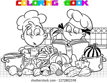 The vector illustration shows how funny children cook food in the kitchen. Cartoon boy and girl want to learns how to cook vegetables and reads a cookbook with recipes. Done in the black white outline