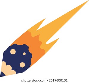 Vector illustration shows a meteor with a dark blue rocky surface and bright orange flames trailing behind it, depicting a dynamic space scene. Energetic and vivid.