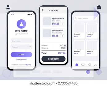La Ilustración vectorial muestra un diseño de App móvil para un Carrito de compras. Incluye el Inicio de sesión del usuario, los listados de productos y el total de Carritos. El enfoque está en la interacción y el diseño del usuario.