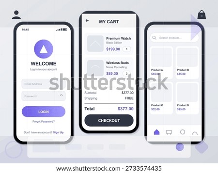 Vector illustration shows a mobile app design for a shopping cart. It includes user login, product listings, and cart total. Focus is on user interaction and layout.